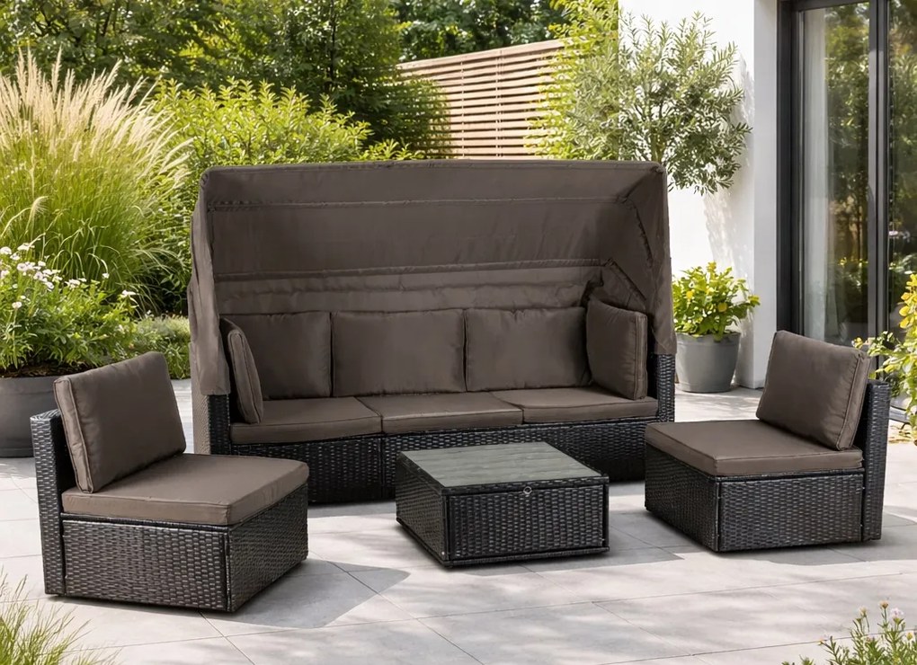 Zestaw mebli ogrodowych Verano 2w1 z daszkiem, czarny technorattan, poduszki brąz