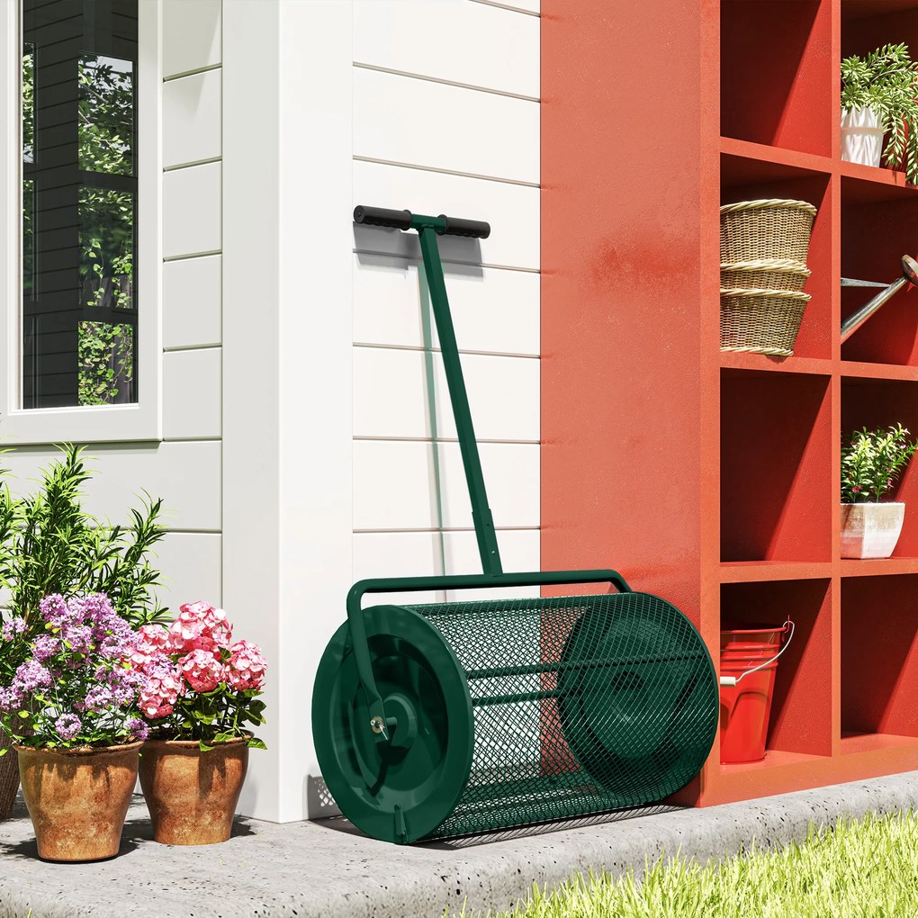 Outsunny Rozsiewacz kompostu 75 l 61x40cm rozsiewacz nawozu trawa ogród z uchwytem T kosz z siatki metal zielony | Aosom PL
