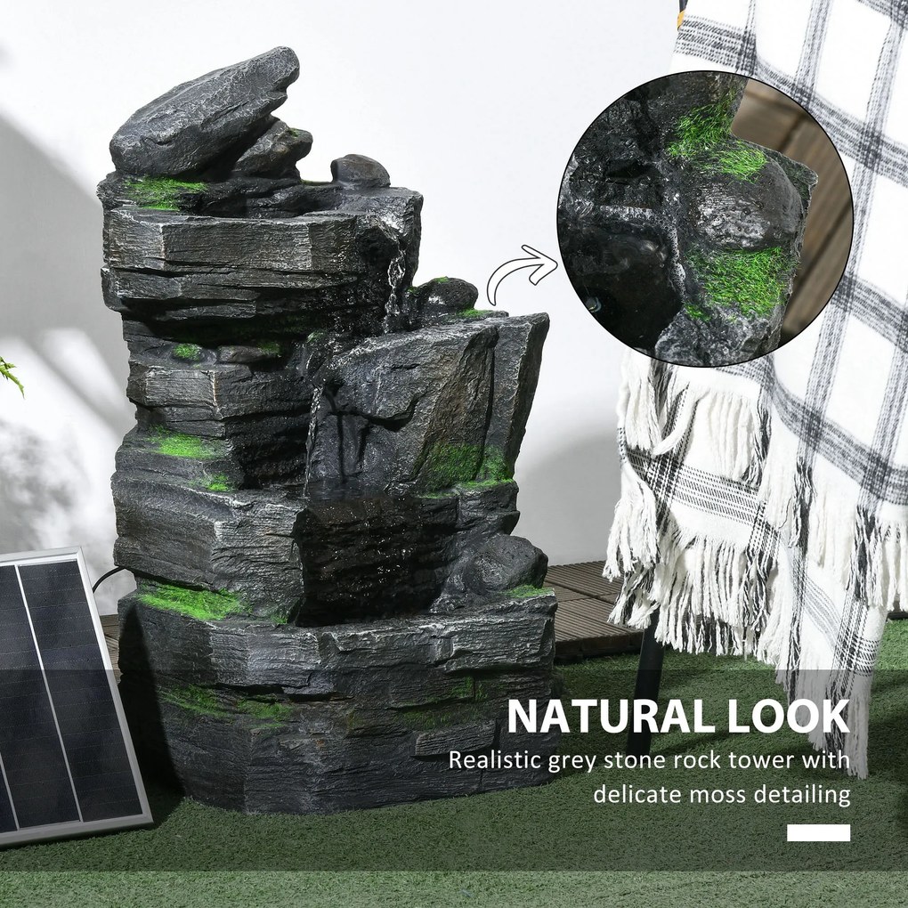 kaskada ogrodowa Outsunny oczko wodne solarne z LED 57cm, Szary/Ciemnobrązowy, 4-stopniowe, żywica syntetyczna | Aosom PL