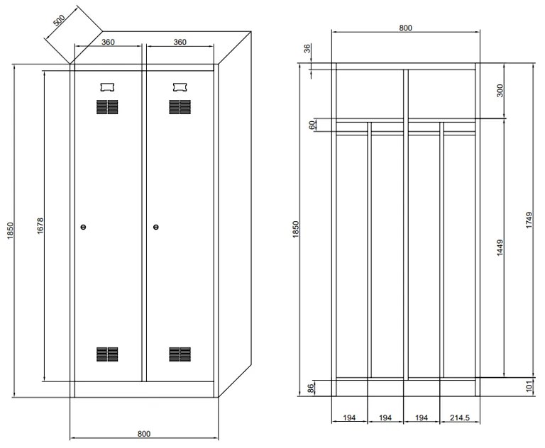 Szafka ubraniowa z przegrodą, 1850 x 800 x 500 mm, zamek cylindryczny, drzwi niebieskie