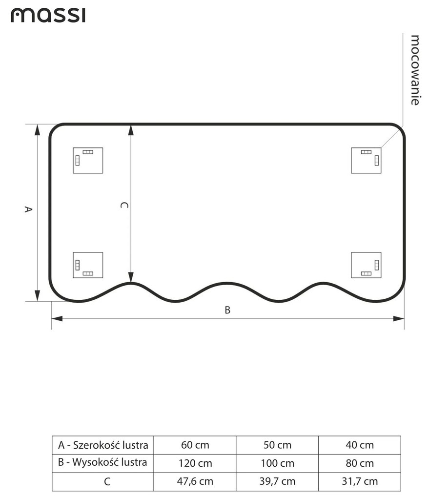 Lustro dekoracyjne oszlifowane z podświetleniem WAVE LED | Różne rozmiary | Różne kolory : Kolor tafli szkła - Srebrny, Rozmiar - 50 x 100 cm