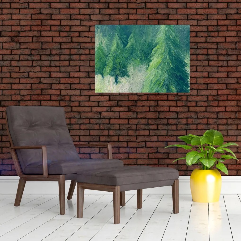 Obraz na szkle - Malowane drzewa iglaste (70x50 cm)
