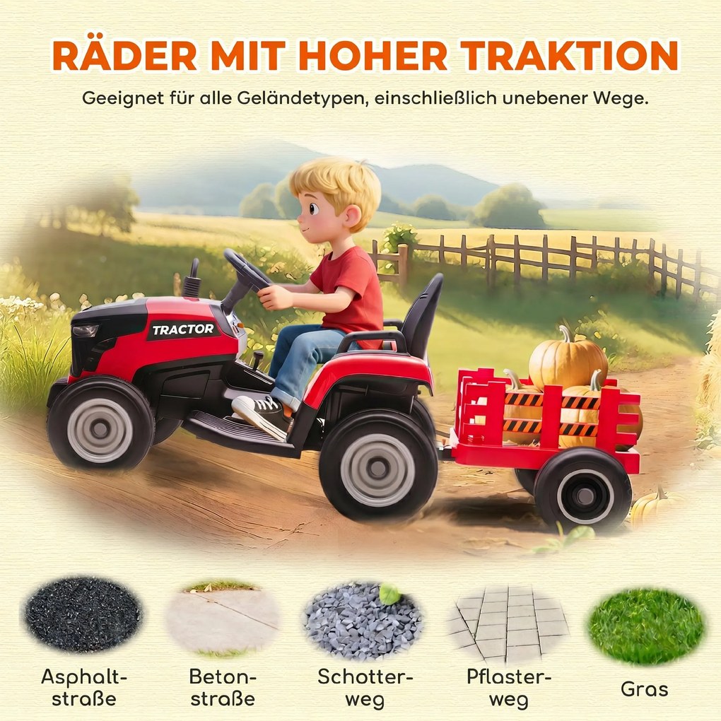 AIYAPLAY Elektryczny traktor dla dzieci, traktor na siedzenie z pilotem, miękki start, dla dzieci w wieku 3-8 lat, Czerwony | Aosom PL