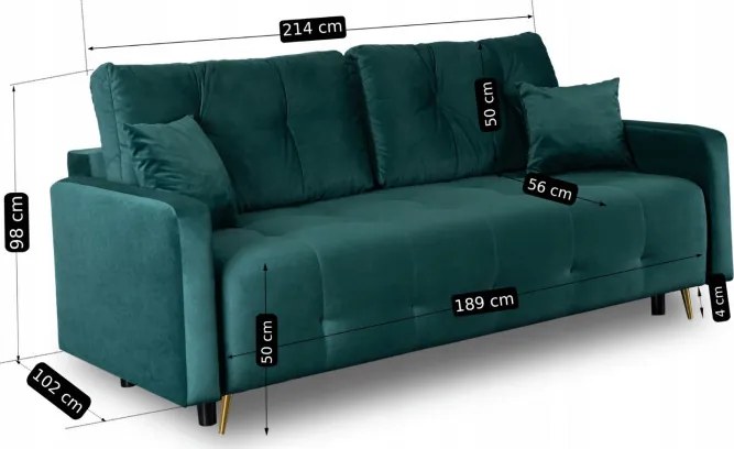 Sofa z Funkcją Spania SEUL Rozkładana Dwuosobowa Welurowa Zielona Nowoczesna do Salonu