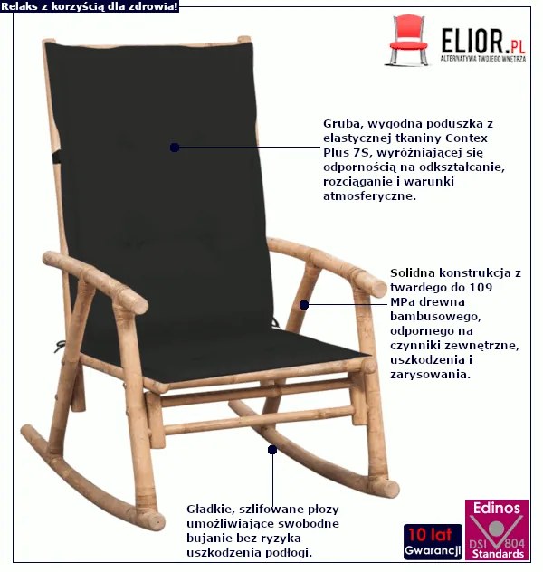 Bujany bambusowy fotel ogrodowy z czarną poduszką - Stella