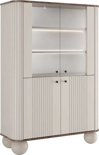 Witryna Vesper 103 cm czterodrzwiowa - kaszmir / orzech / czarne uchwyty / nogi kule