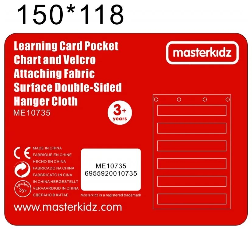 Masterkidz materiałowy arkusz do wieszania z kieszonkami na fiszki i obrazki czerwony