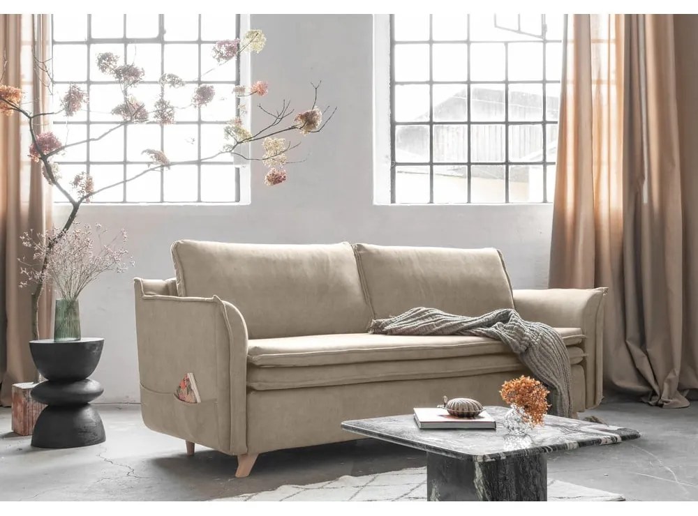 Beżowa aksamitna rozkładana sofa 225 cm Charming Charlie – Miuform