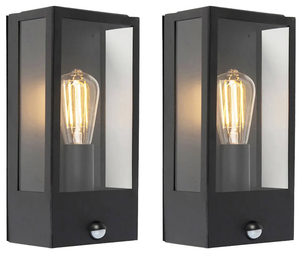 Zestaw 2 lamp ściennych zewnętrznych czarnych z czujnikiem ruchu - Rotterdam