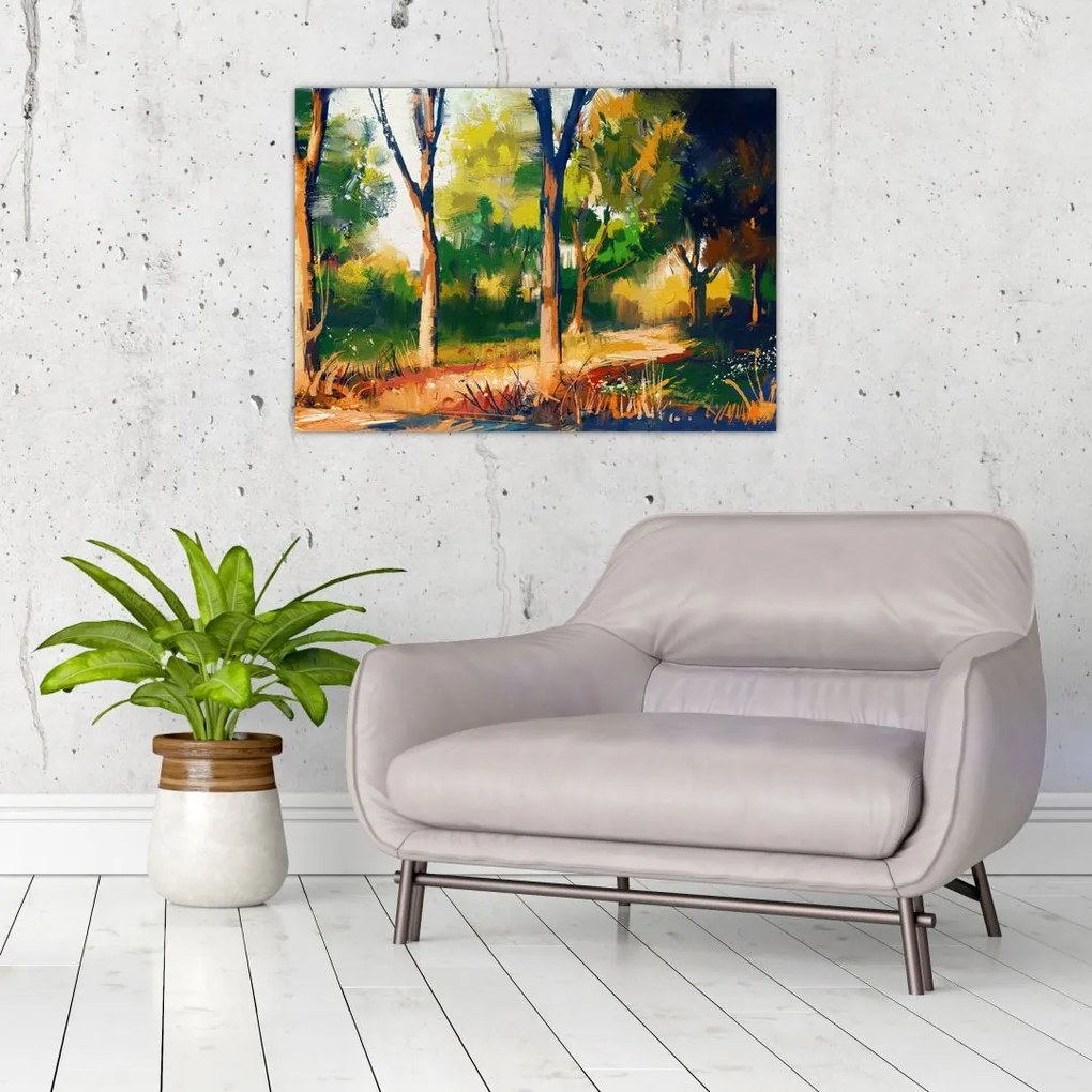 Obraz lasu w letnim słońcu, malarstwo (70x50 cm)