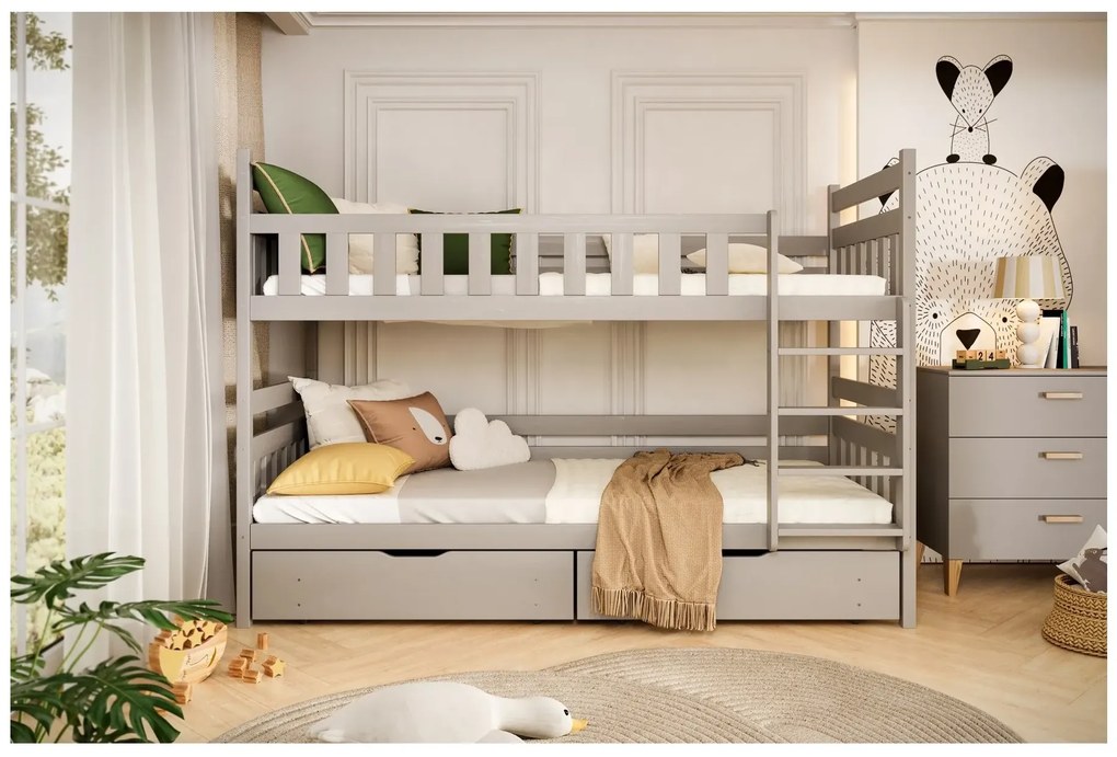 Łóżko piętrowe BARTEK 200x80 szare drewniane trzyosobowe z szufladami KOCOT KIDS