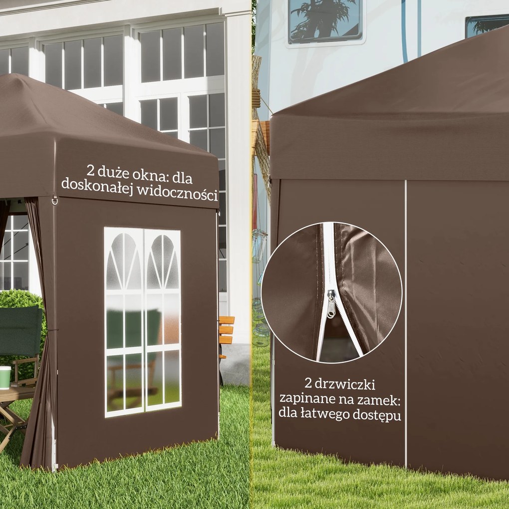 Outsunny Pawilon Składany z 4 Ścianami Bocznymi i 2 Oknami Stal Brązowy 2x2m | Aosom PL