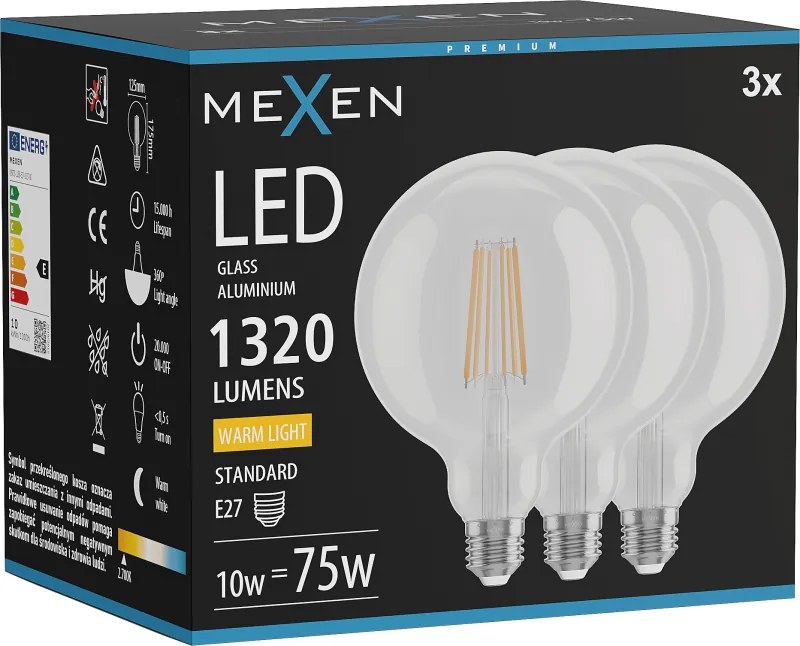 Mexen Vintis 3x żarówka filament LED E27, G125, 10W, Ciepła - 2700K, 1320 lm, clear - L158-E27-1027-00x03