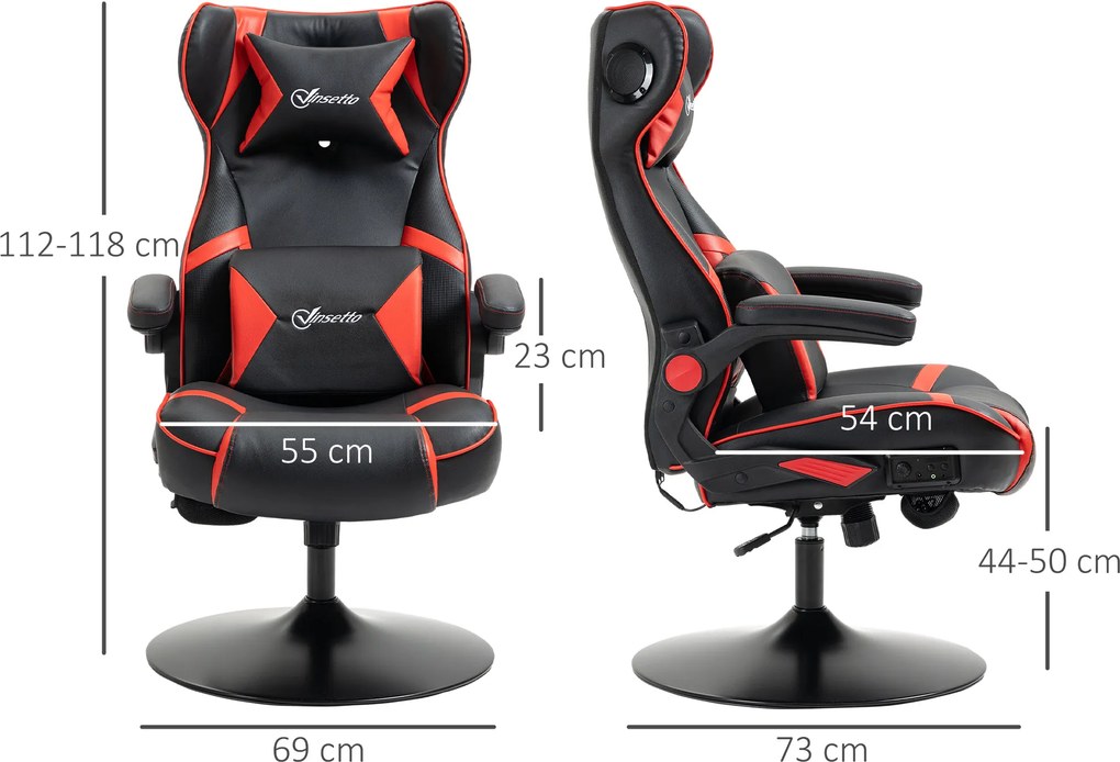 Fotel gamingowy Vinsetto, fotel gamingowy, zintegrowane głośniki, rozkładane oparcie, czarny+czerwony, 69 x 73 x 118cm