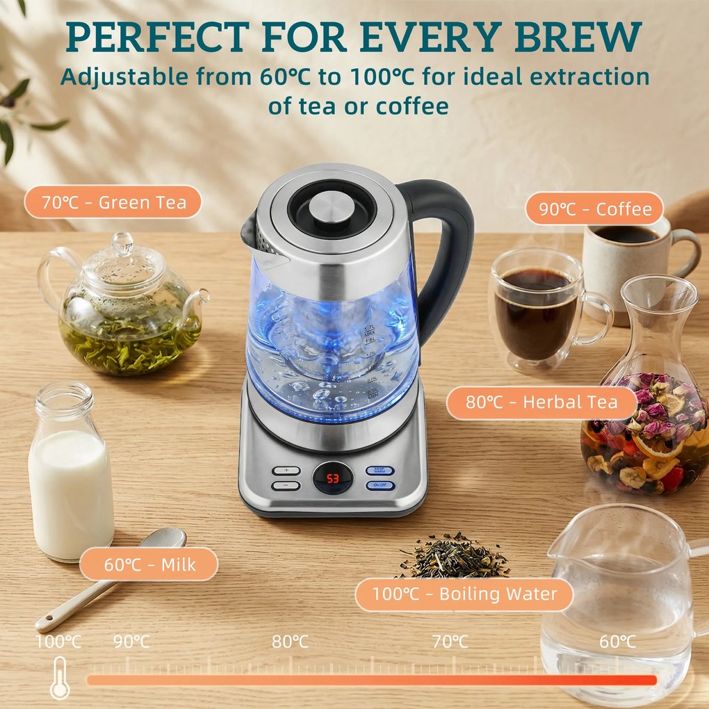 HOMCOM Elektryczny czajnik, 1,7L, szybkie gotowanie, 2200W, z termostatem Strix, sitkiem do herbaty, funkcją utrzymania ciepła | Aosom PL