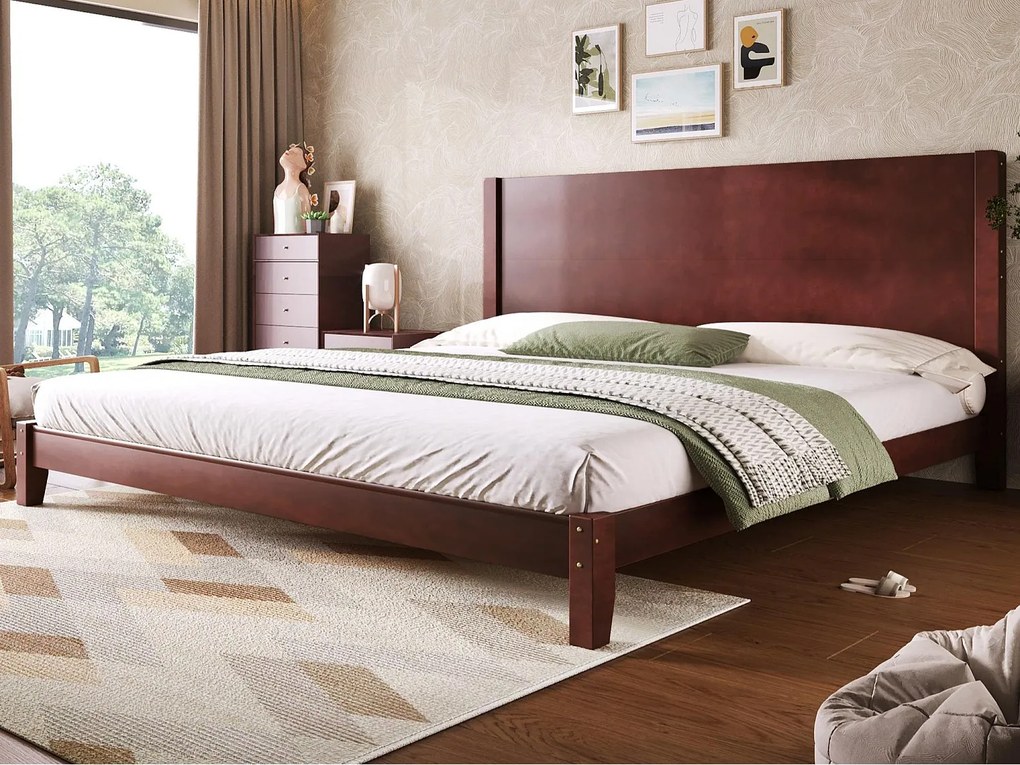 Łóżko małżeńskie 180x200 cm - Z wezgłowiem - Z stelażem lamelowym z litego drewna - MDF + Sosna - Brązowy​ (Materac nie jest wliczony w cenę)