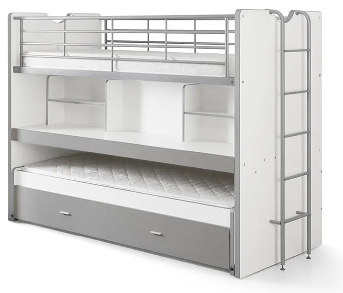 Biało-szare dziecięce łóżko piętrowe z wysuwanym łóżkiem, schowkiem i stelażem 90x200 cm Bonny – Vipack