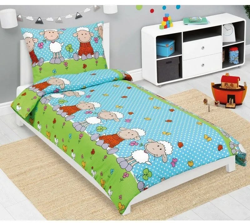 Bellatex Pościel dziecięca z krepy Sheepniebieska, 140 x 200, 70 x 90 cm