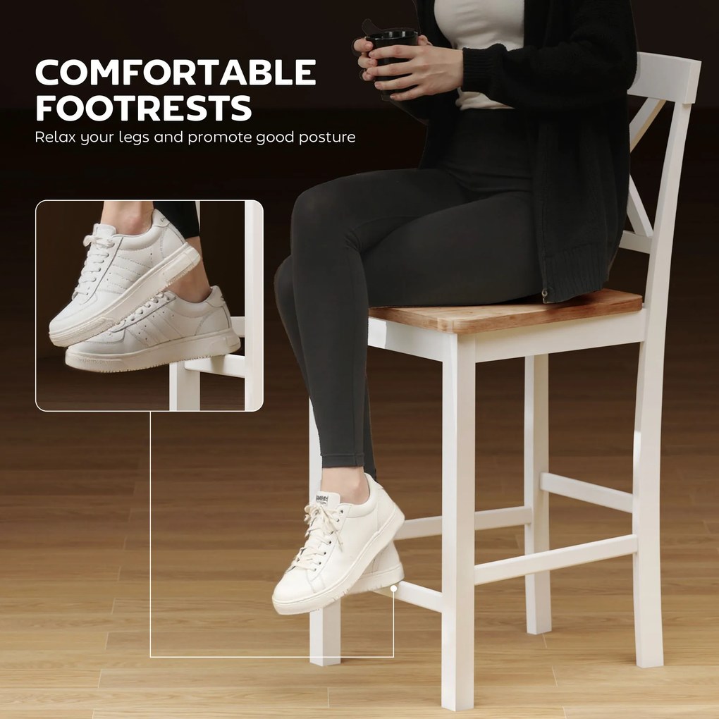 HOMCOM Zestaw 2 stołków barowych z oparciem i podnóżkiem, drewno kauczukowe, do kuchni, jadalni, baru, Dąb+Biały