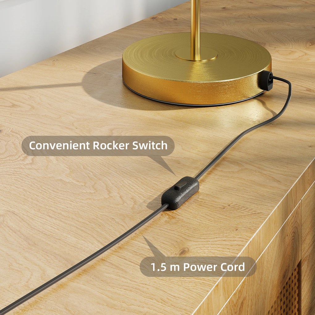 HOMCOM Lampka stołowa z ciepłym światłem LED, metalowa podstawa, bursztynowy szklany klosz, Ø23 x 40H cm, złota