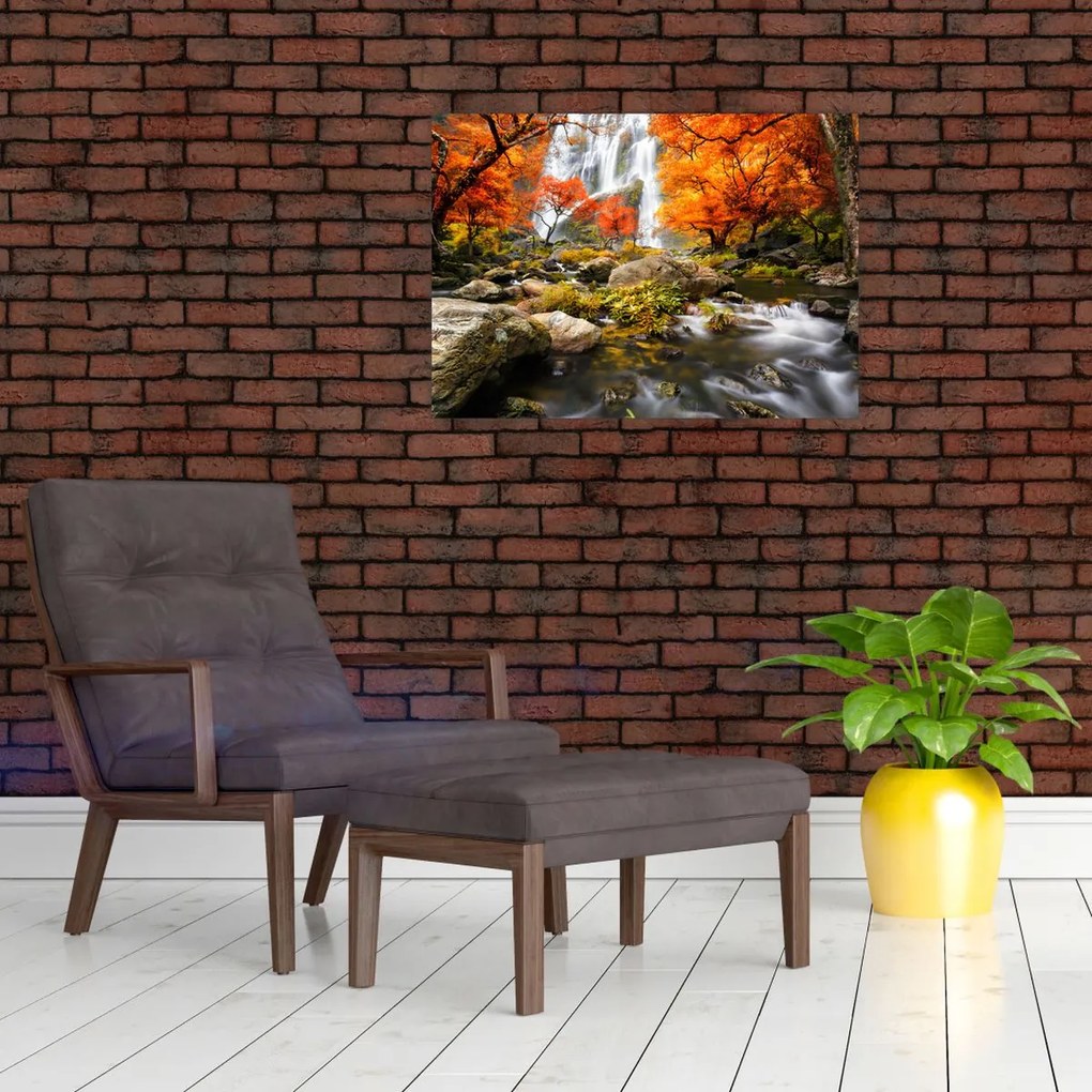Obraz - Wodospady w jesiennym krajobrazie, pomarańczowy (70x50 cm)