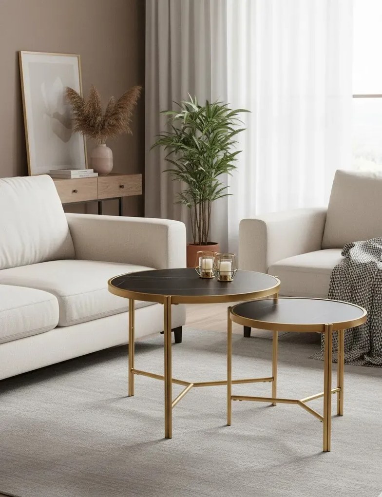 Komplet okrągłych stolików kawowych czarny marmur P9-C15