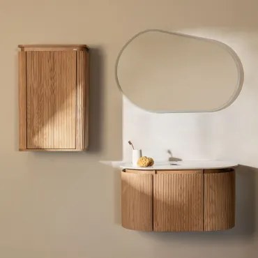 Zestaw Wiszących Mebli Łazienkowych 90x50 Cm Z Drewna Carsone Naturalna & Naturalna & Without Sink & Owalna Lampa Led I Przeciwmgielna - Sklum