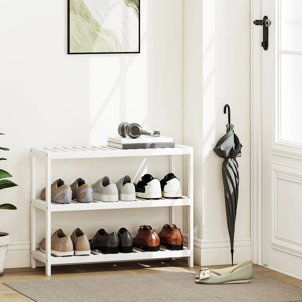 HOMCOM 3-poziomowy regał bambusowy, regał na buty, regał do przechowywania, lakierowane wykończenie, Biały