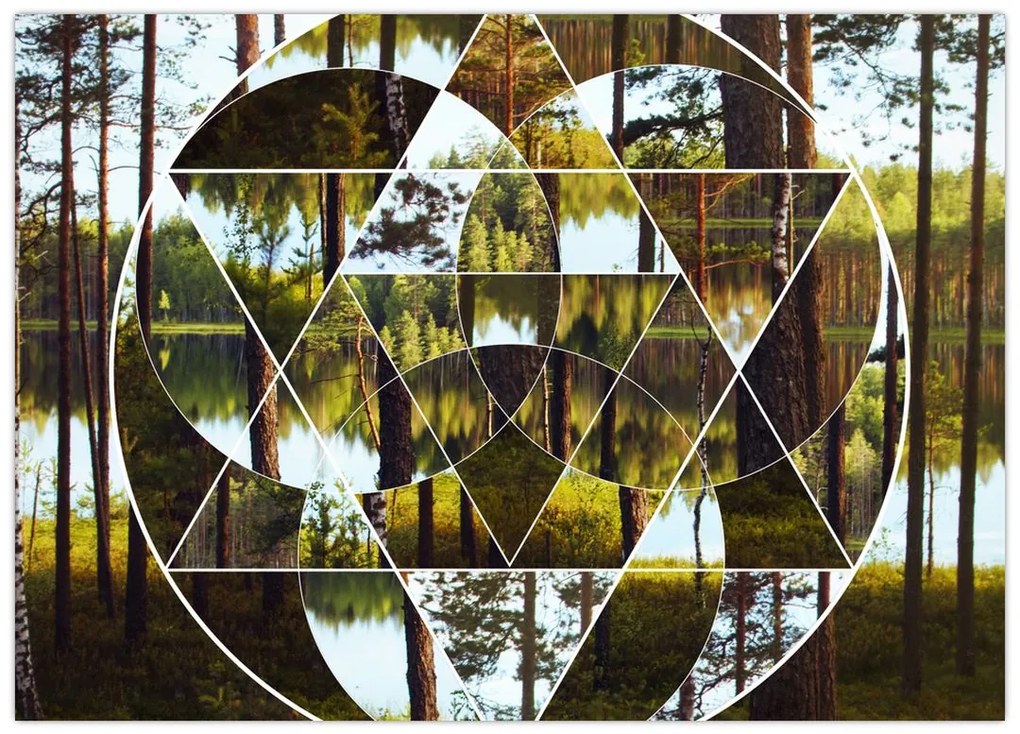 Obraz na szkle - Geometryczny kolaż na tle nordyckich lasów (70x50 cm)