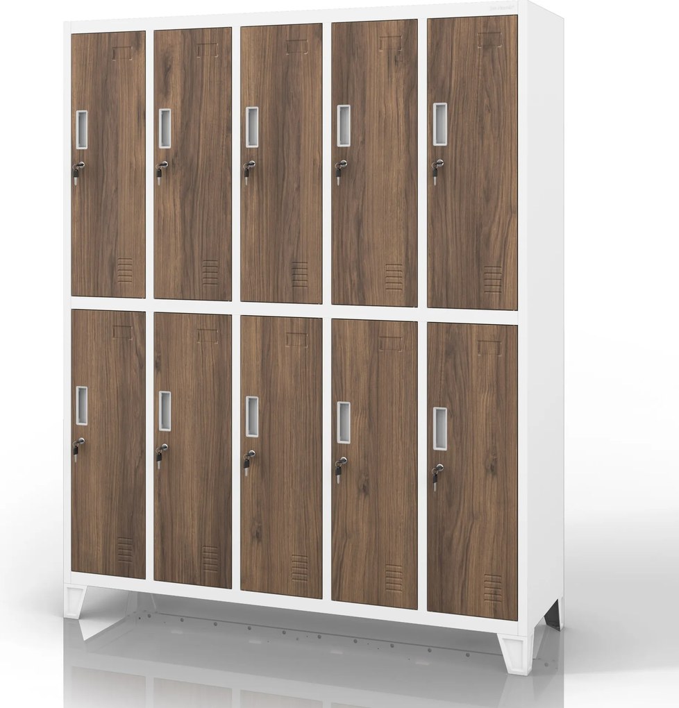 Szafa BHP ubraniowa 10-drzwiowa biała / orzech: Eco Design BARTEK 1360 x 1720 x 450 mm