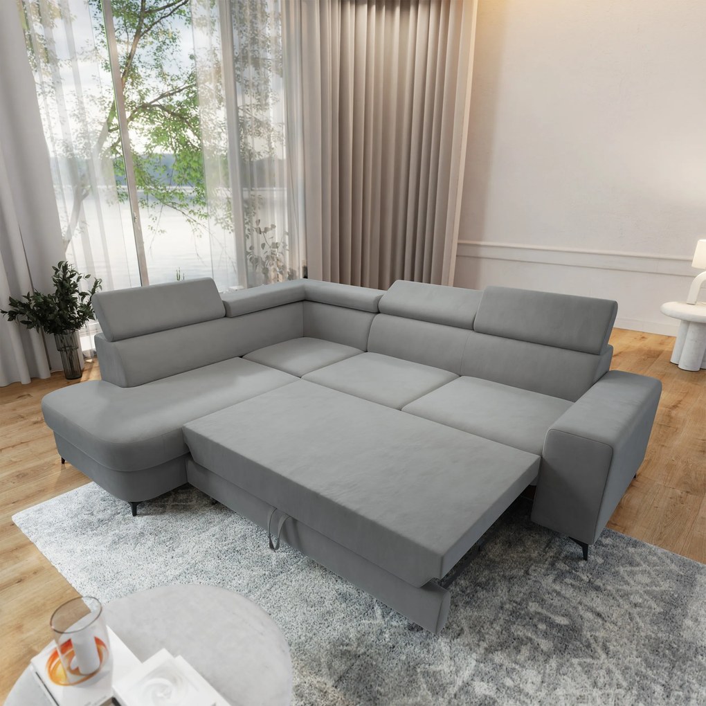 Masseno Narożnik ALVORO z funkcją spania i pojemnikiem na pościel Narozniki L, Rozkładana sofa - Jasnoszary, MATT VELVET 83