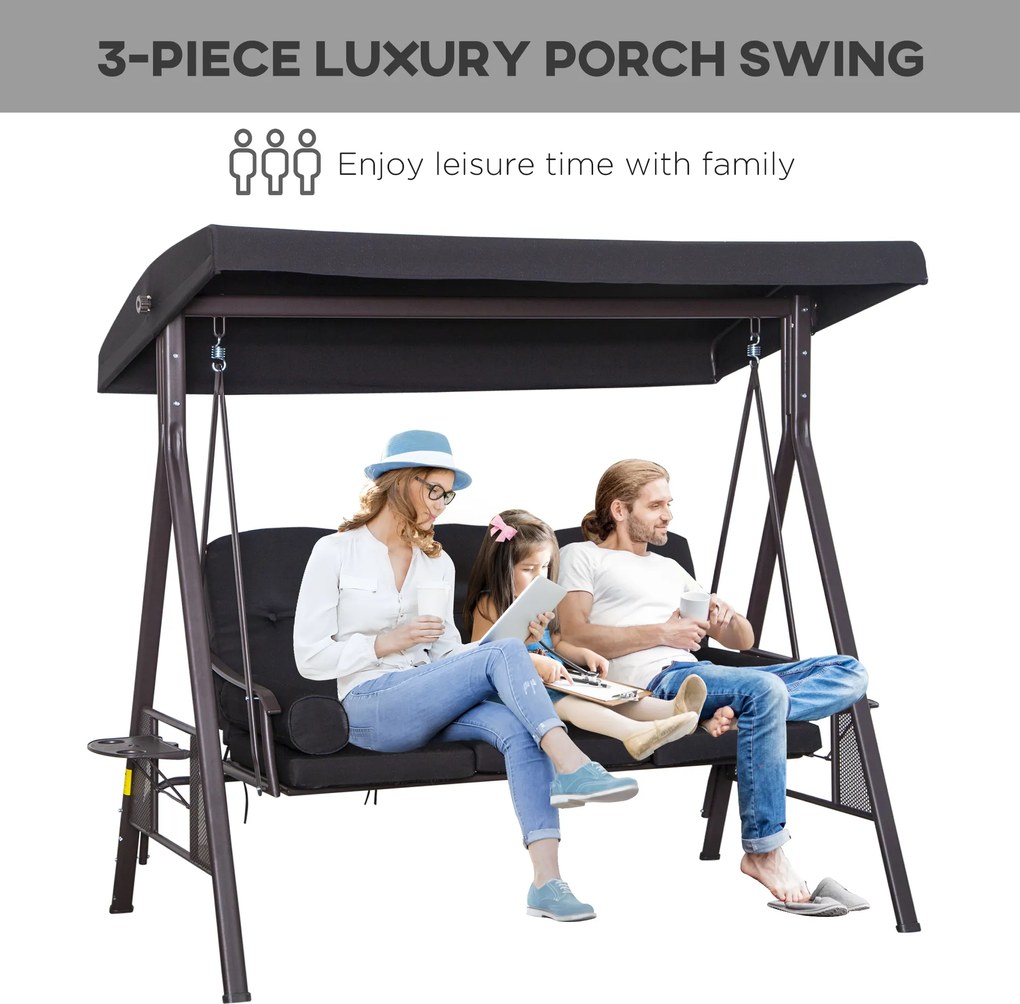 Outsunny 3-osobowa huśtawka z dachem huśtawka ogrodowa z dachem przeciwsłonecznym poduszka metal poliester czarna, 116 x 206 x 183 cm