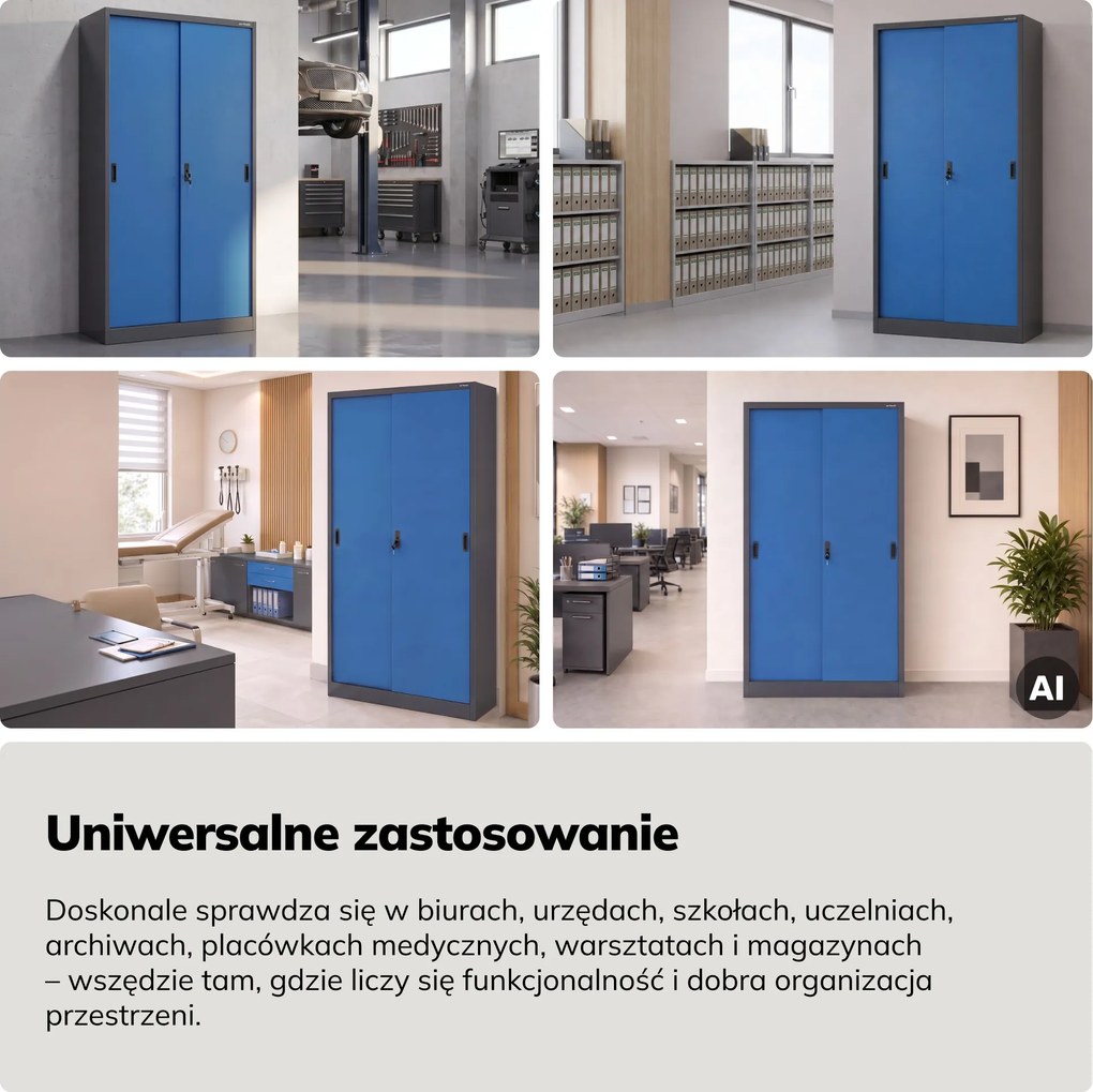 Szafa metalowa biurowa z drzwiami przesuwnymi antracytowo-niebieska, 900x1850x400 mm: KUBA