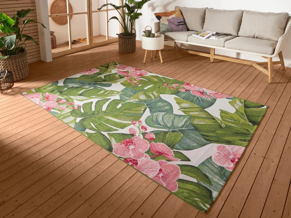 Dywan zewnętrzny Flair Liście zielono-różowe 80 cm x 165 cm