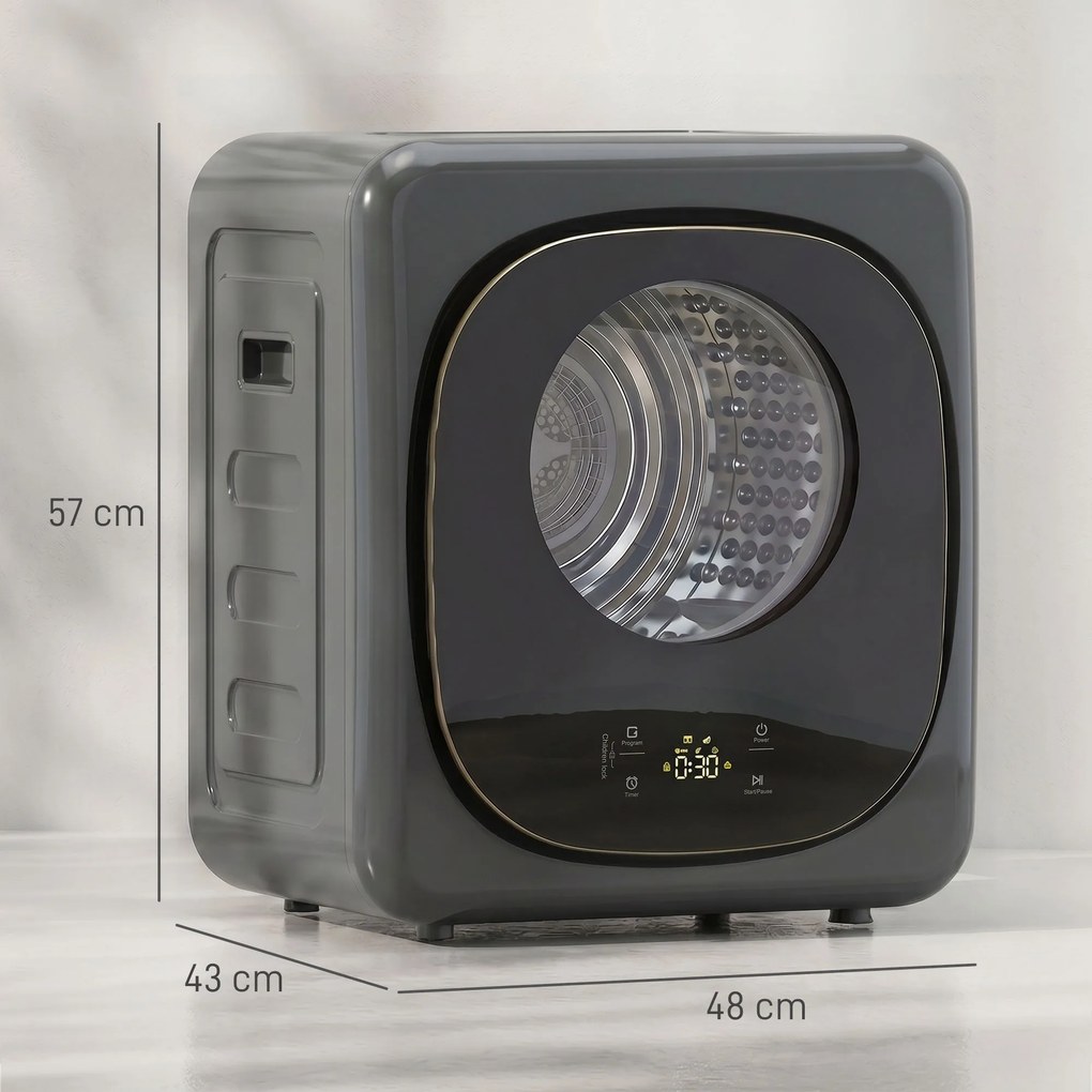 HOMCOM Suszarka do ubrań 4 kg, kompaktowy design, 5 trybów, timer, Szary+Czarny | Aosom PL