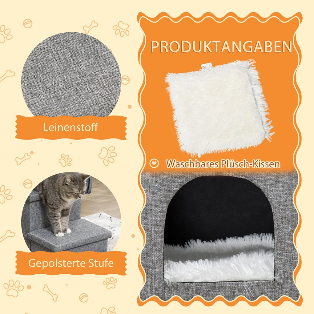 PawHut Schody dla psów 3-stopniowe dla kotów z jaskinią 3 w 1 jasnoszare | Aosom PL