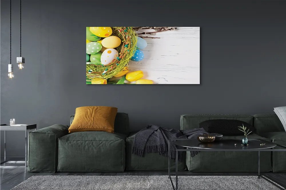 Fotoobraz na płótnie Jajka, Bazie i Tulipany