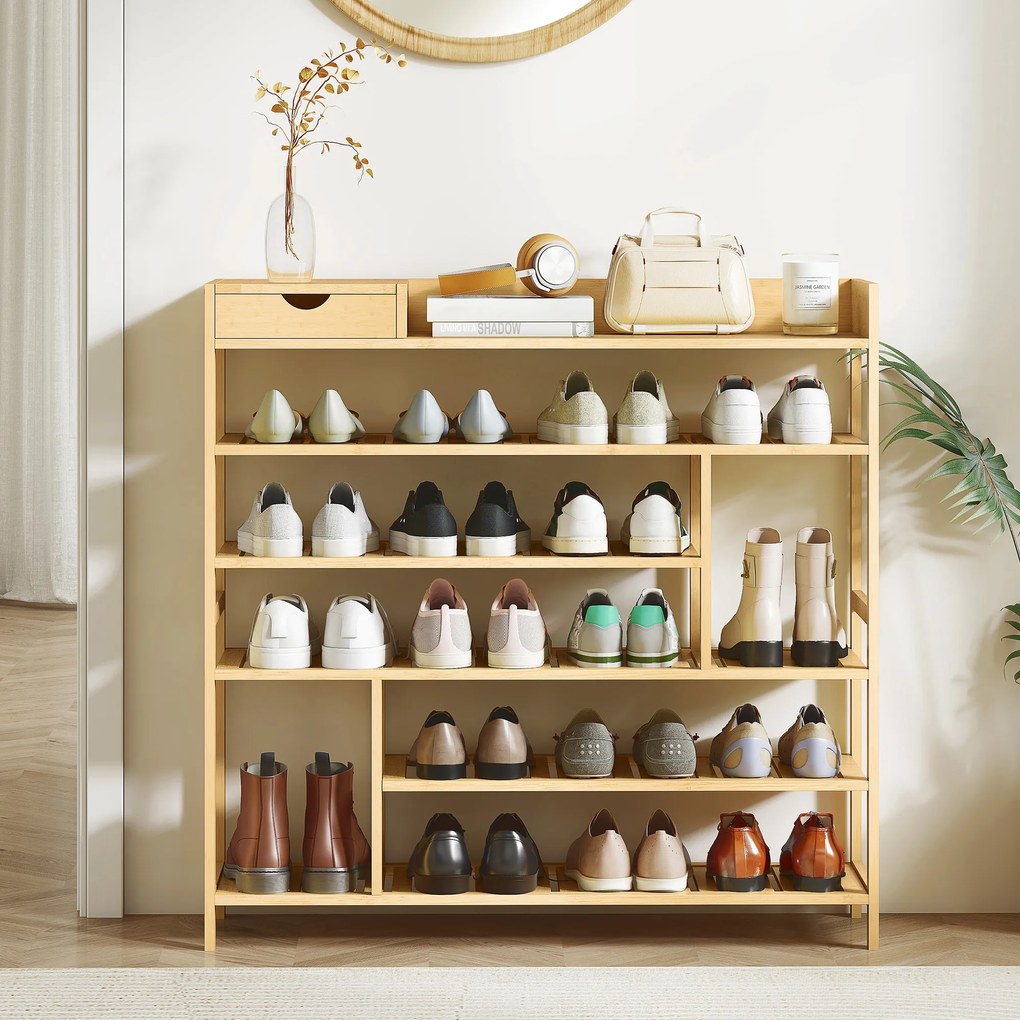 HOMCOM Regał na buty, stojak na obuwie z 6 półkami, szuflada z bambusa, dla maks. 18 par butów, regał do korytarza, sypialni, 101 x 30 x 100 cm, naturalny