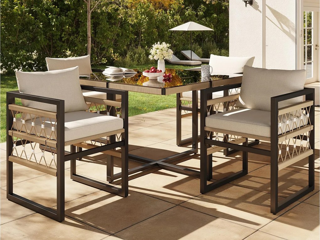 Zestaw jadalniany ogrodowy na 4 osoby, lin, 1 stół jadalniany z rysunkiem bezpieczeństwa, z żelaza ocynkowanego, 4 fotele, szary