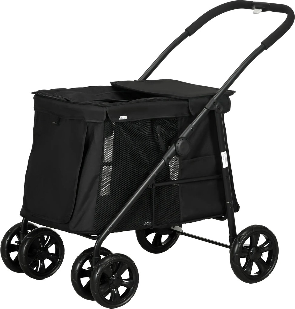 Outsunny Wózek dla Psa z Poduszką 3 Kieszenie Składany do 20kg Czarny | Aosom PL