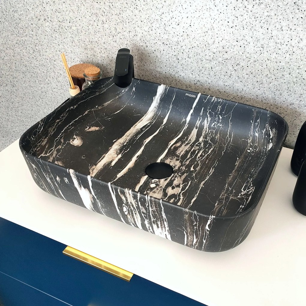 Umywalka ceramiczna nablatowa marmurowa prostokątna czarna 50 x 39 cm MARBE BLACK