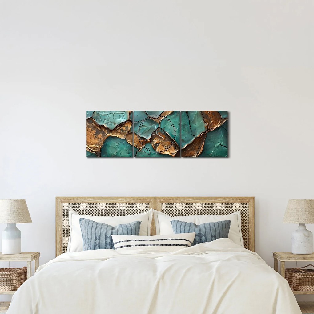 Obraz - Zielono-złoty obraz (z zegarem) (90x30 cm)