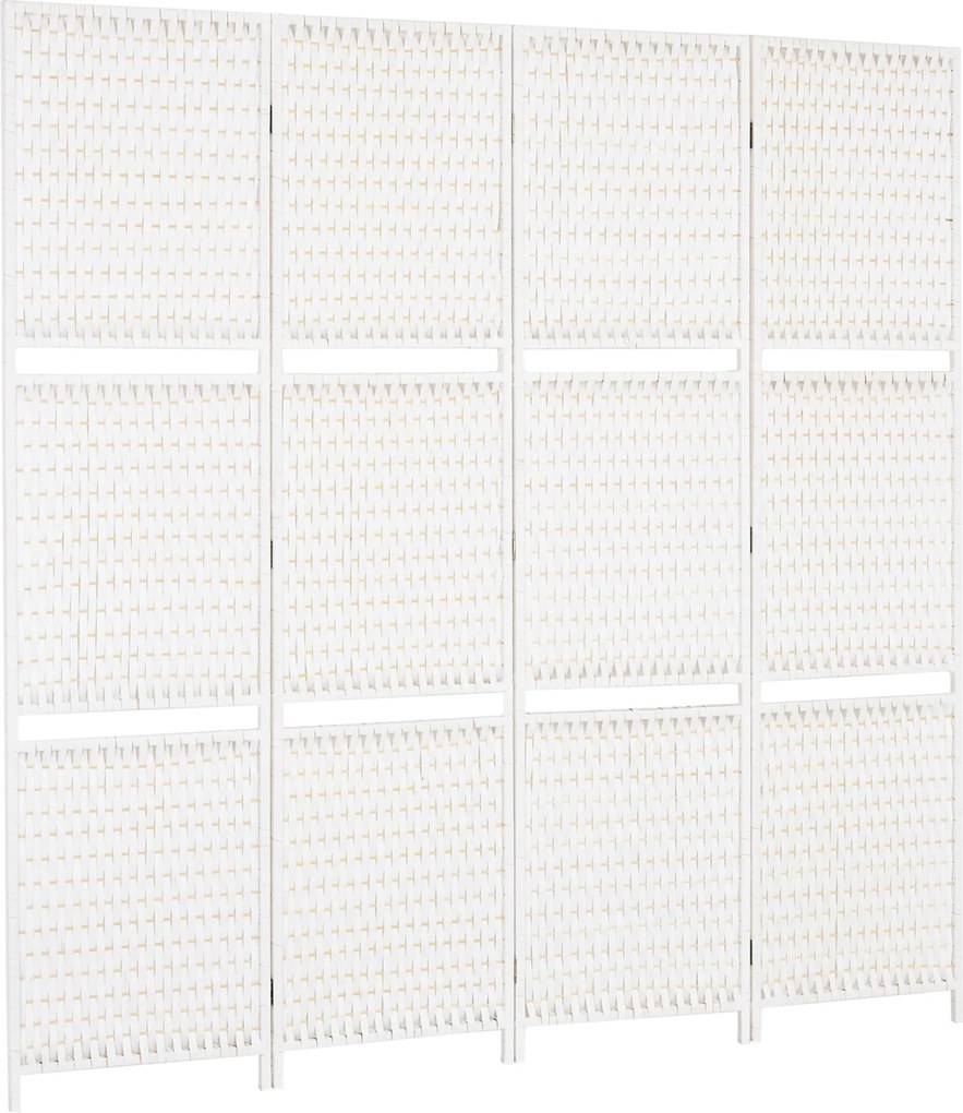 HOMCOM Parawan 4-częściowy 181 x 180 cm, Składany, z 2 półkami wykonany z drewna sosnowego i bambusa, do sypialni, biały | Aosom PL