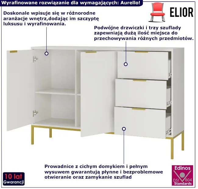 Komoda w stylu glamour z 3 szufladami biały + złoty - Pascal 3X