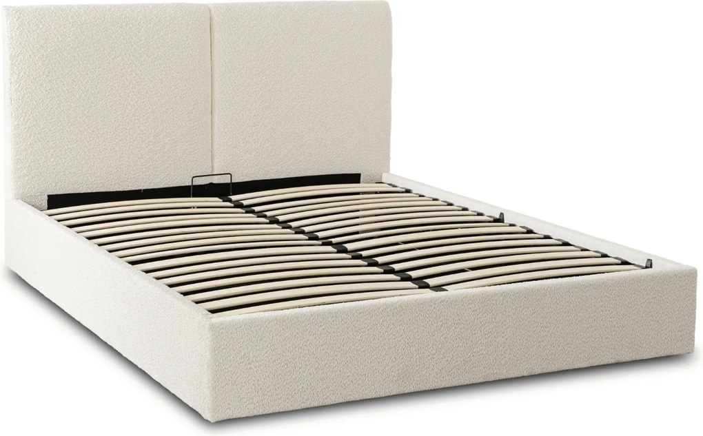 Łóżko Tapicerowane 140x200 cm MARSYLIA ze Stelażem i Pojemnikiem Dwuosobowe Boucle Kremowe
