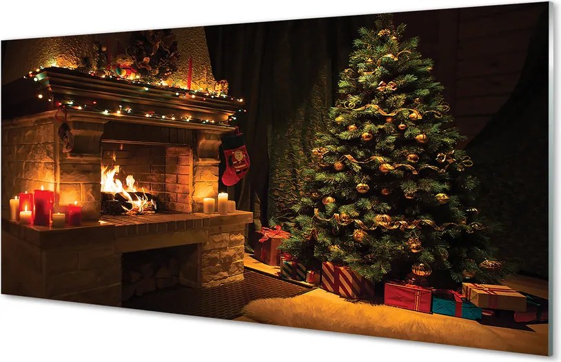 Szklany Panel Świąteczny Salon z Kominkiem