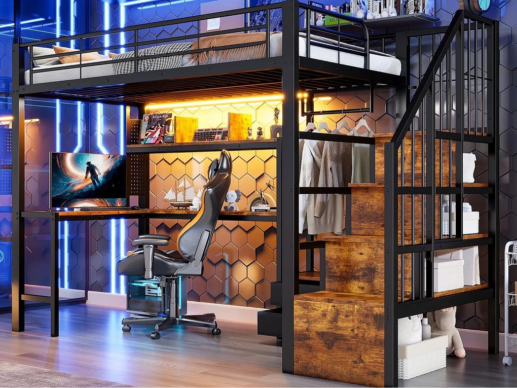 Łóżko na antresoli 90x200 cm - Konstrukcja żelazna - 2 szuflady - Wieszak na ubrania - Oświetlenie LED - Biurko - Czarny​ (materac nie jest wliczony w cenę)