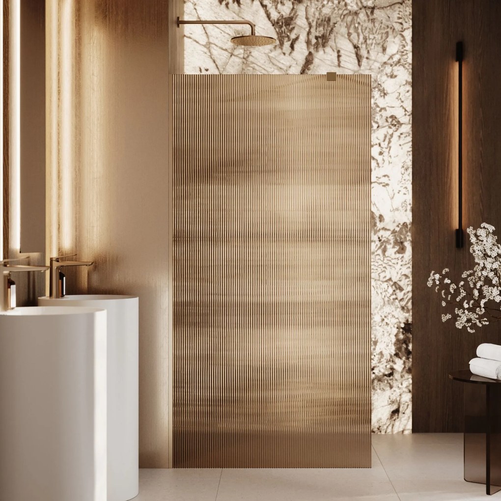 Ścianka prysznicowa WALK IN FIX brązowa prostokątna ryflowana 8 mm ARTE WELLE Classic Brown MASSI| Różne rozmiary : Kolor profili kabiny - złoty, Szerokość ścianki - 100 cm, Typ montażu - WALK in FIX (Do ściany)