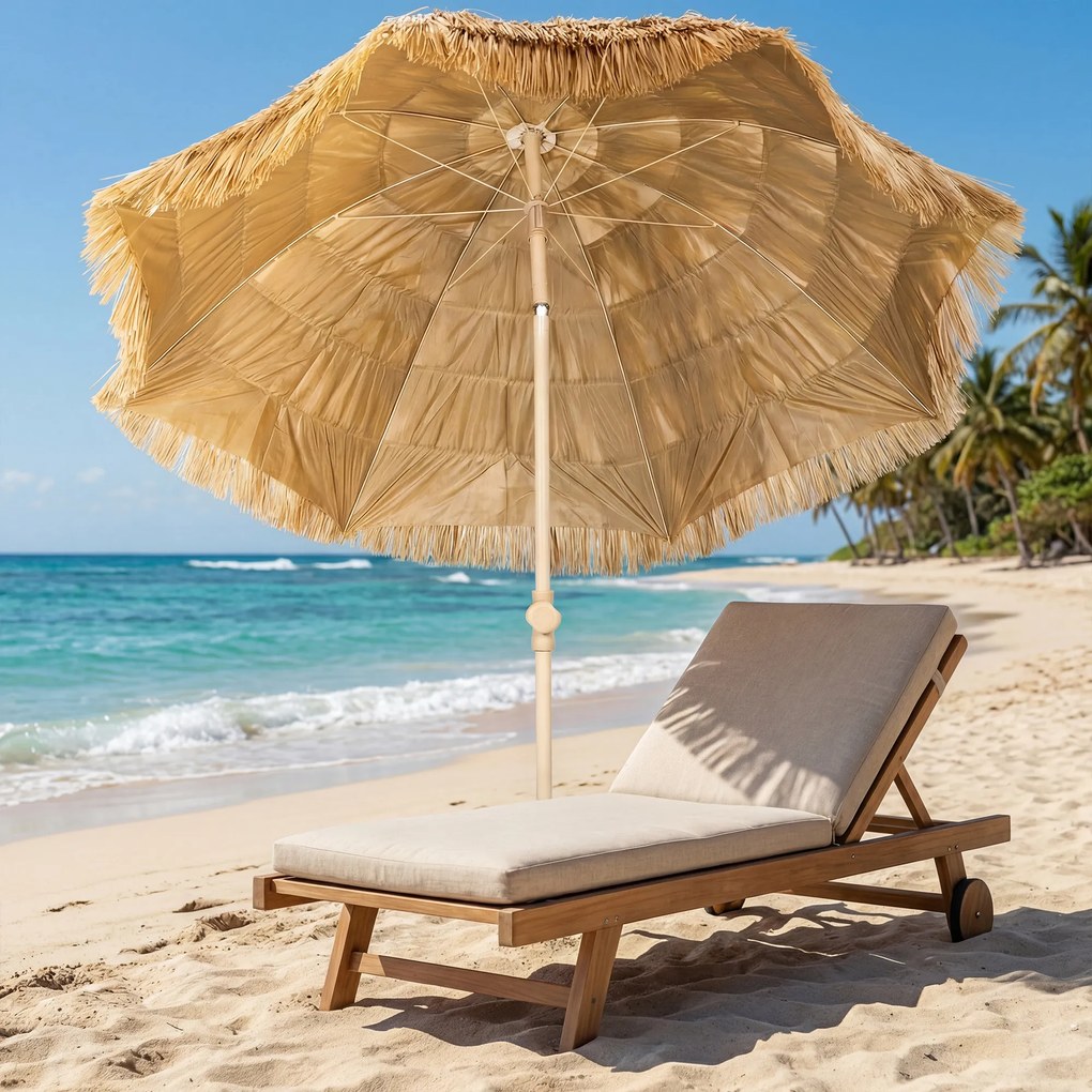 Outsunny Parasol plażowy Ø150 cm regulowany wysokość, parasol tiki z kotwicą do piasku, torba transportowa, idealny na balkon, plażę, kemping, kolor khaki | Aosom PL