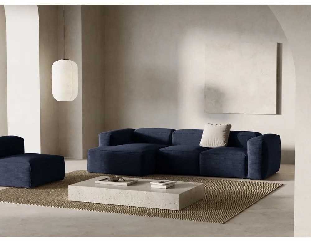 Ciemnoniebieski sztruksowy narożnik (lewostronny/z szezlongiem) Bergamo – Cosmopolitan Design